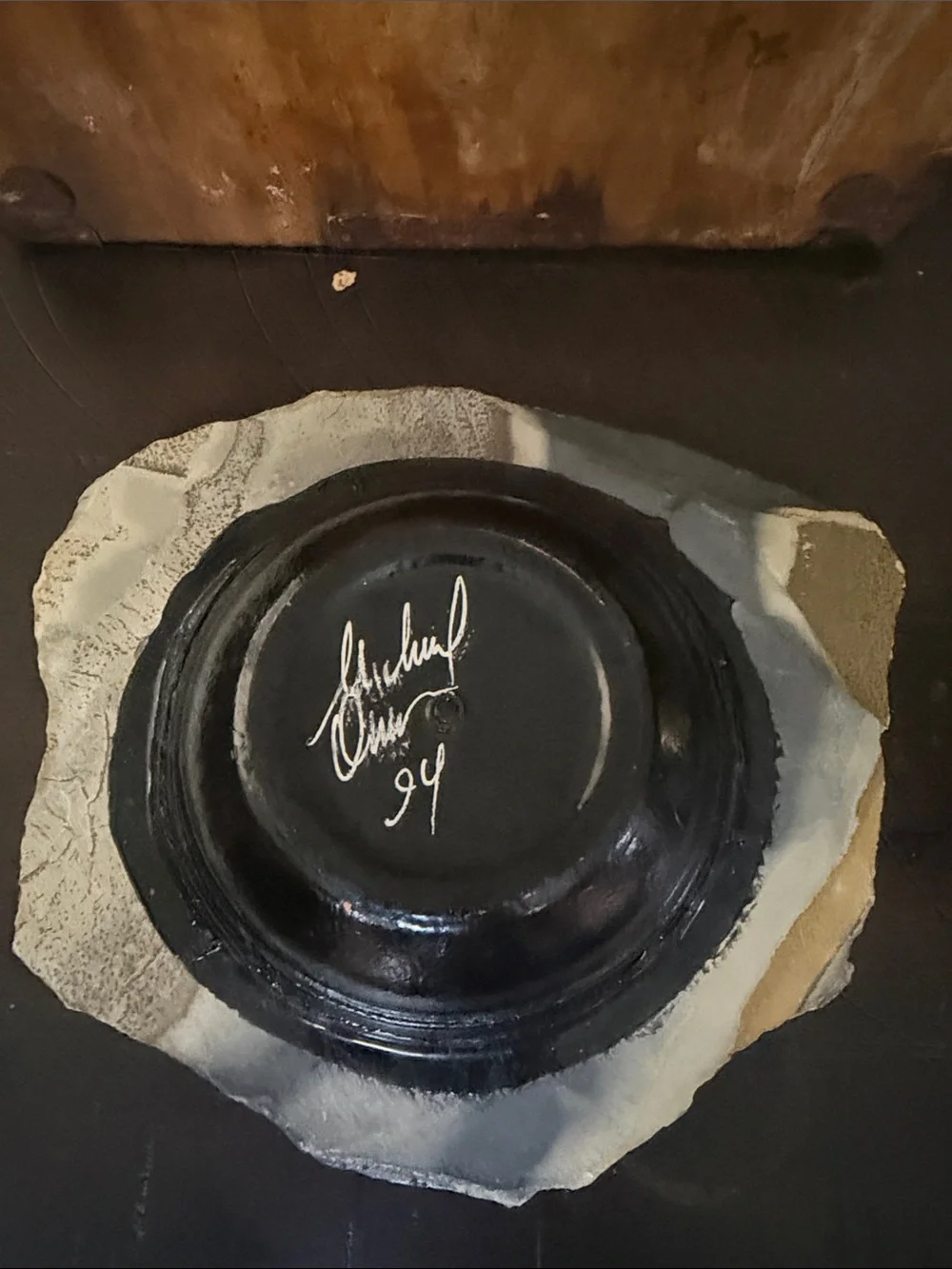 Handcrafted Black Stone Japanese Ikebana slate vase signed